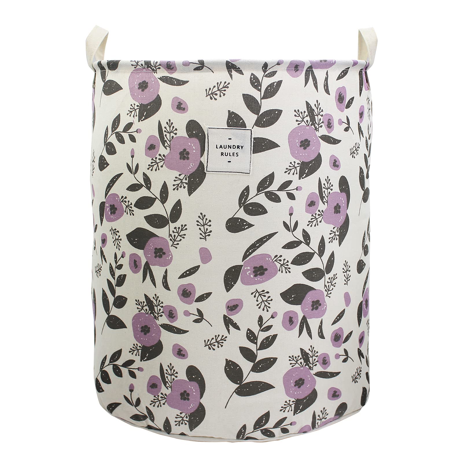 Mziart Collapsible Laundry Basket, Floral Printing Large Laundry Hamper For Baby Girls Kids Toys Clothes Organizer Foldable Storage Bin Waterproof Canvas Nursery Storage Basket With Handles (Purple)